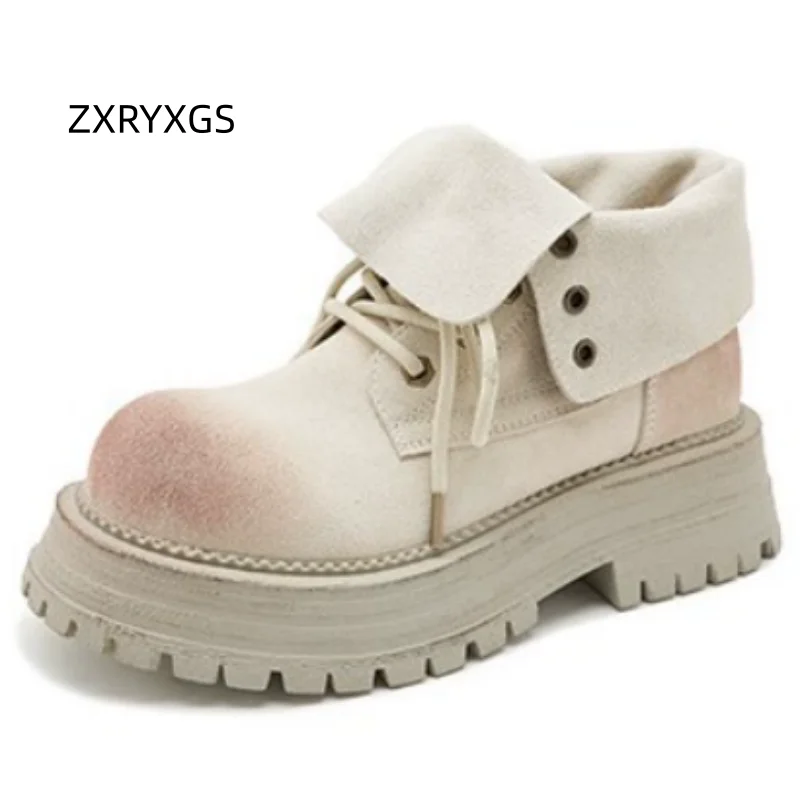 ZXRYXGS Superior Frosted Cowhide Autumn Winter Shoes Woman Boots 2025 Thick Soled Non-slip Thick Mid Heels Comfort Trendy Boots