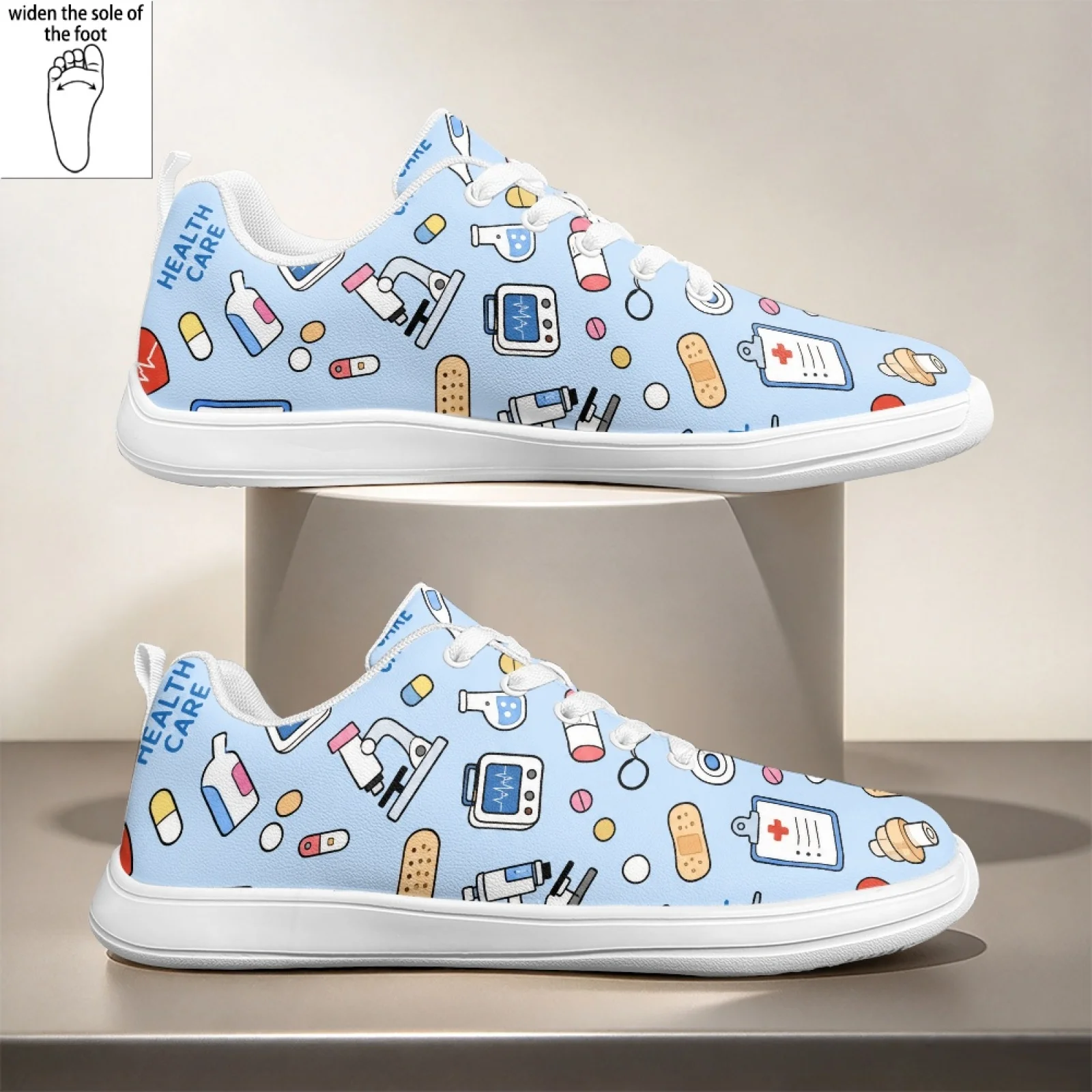 PENSTROLL Versatile Nursing Shoes Grip Sole Lace-Up Clinic Shoes for Standing Women Healthcare Icon Print