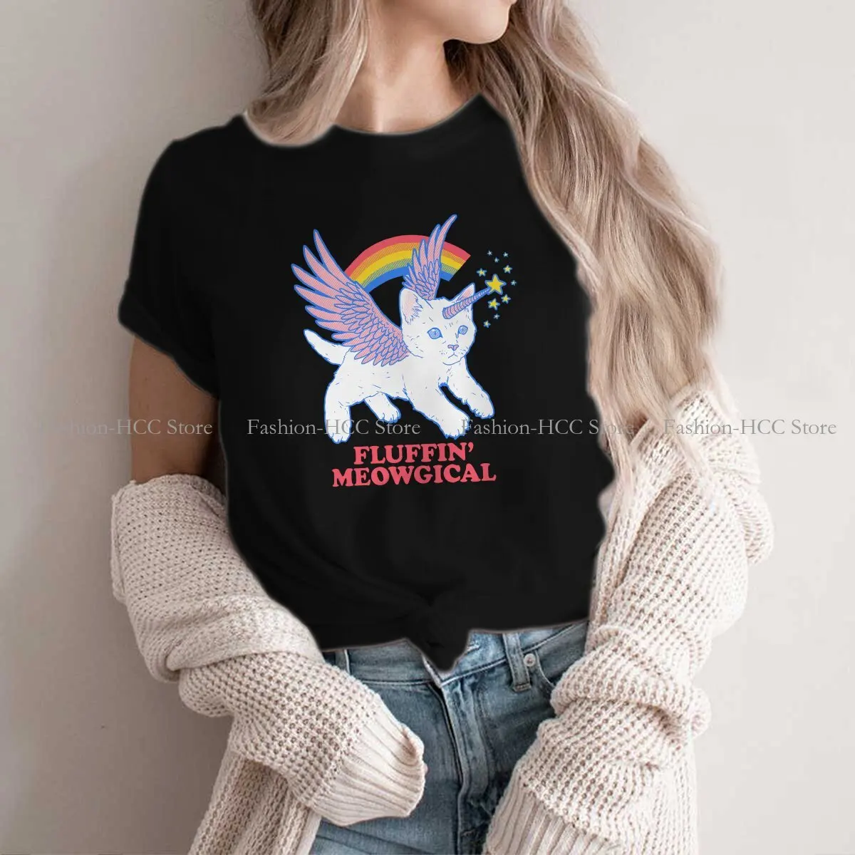 Unicorn Cute Polyester TShirts Fluffin  Meowgical Essential Personalize Women's T Shirt New Trend Clothing