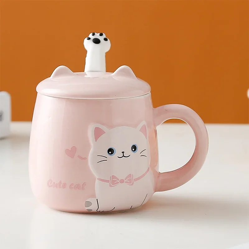 Cartoon Cat New Ceramic Mug With Lid And Spoon Office Water Cup Cute Ceramic Cup Student Cup Breakfast