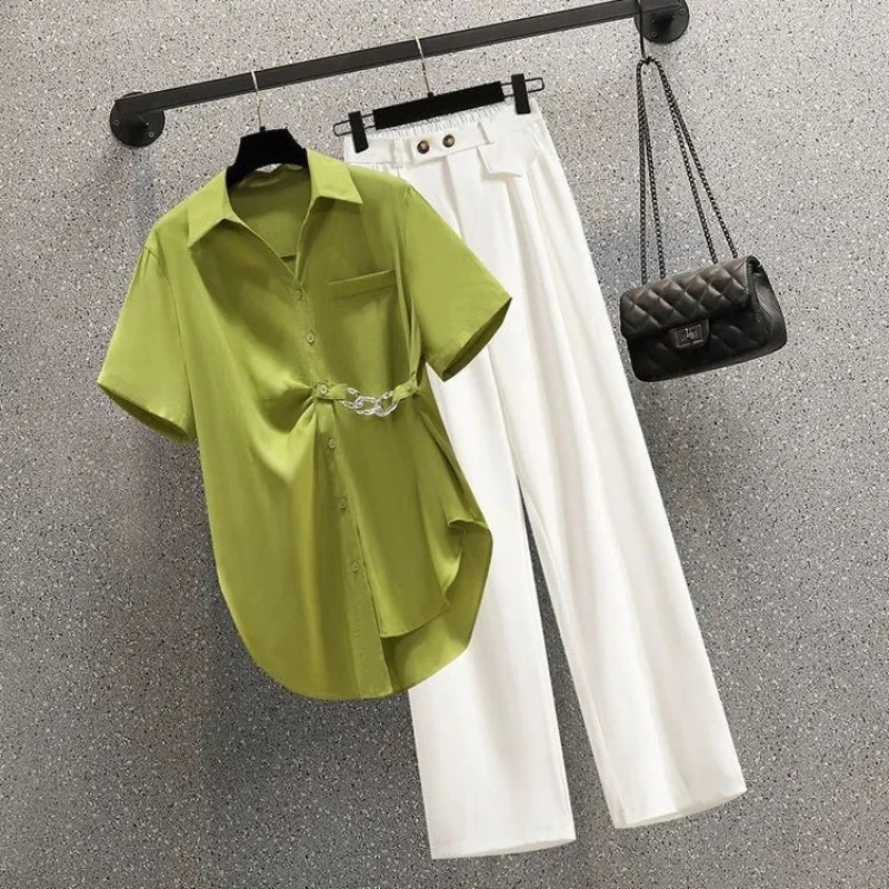 2022 Loose Casual Elegant Women\'s Pants Set Chain Decorative Chiffon Shirt Work Trousers Two Piece Set Female Tracksuit Blouse