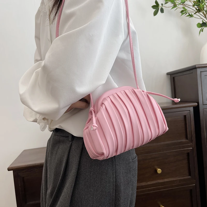 2024 New Fashion Pleated Striped Handbag Clutch Bag For Lady Pink Crossbody Phone Bag Top Quality Leather Female Bag Clip Purse