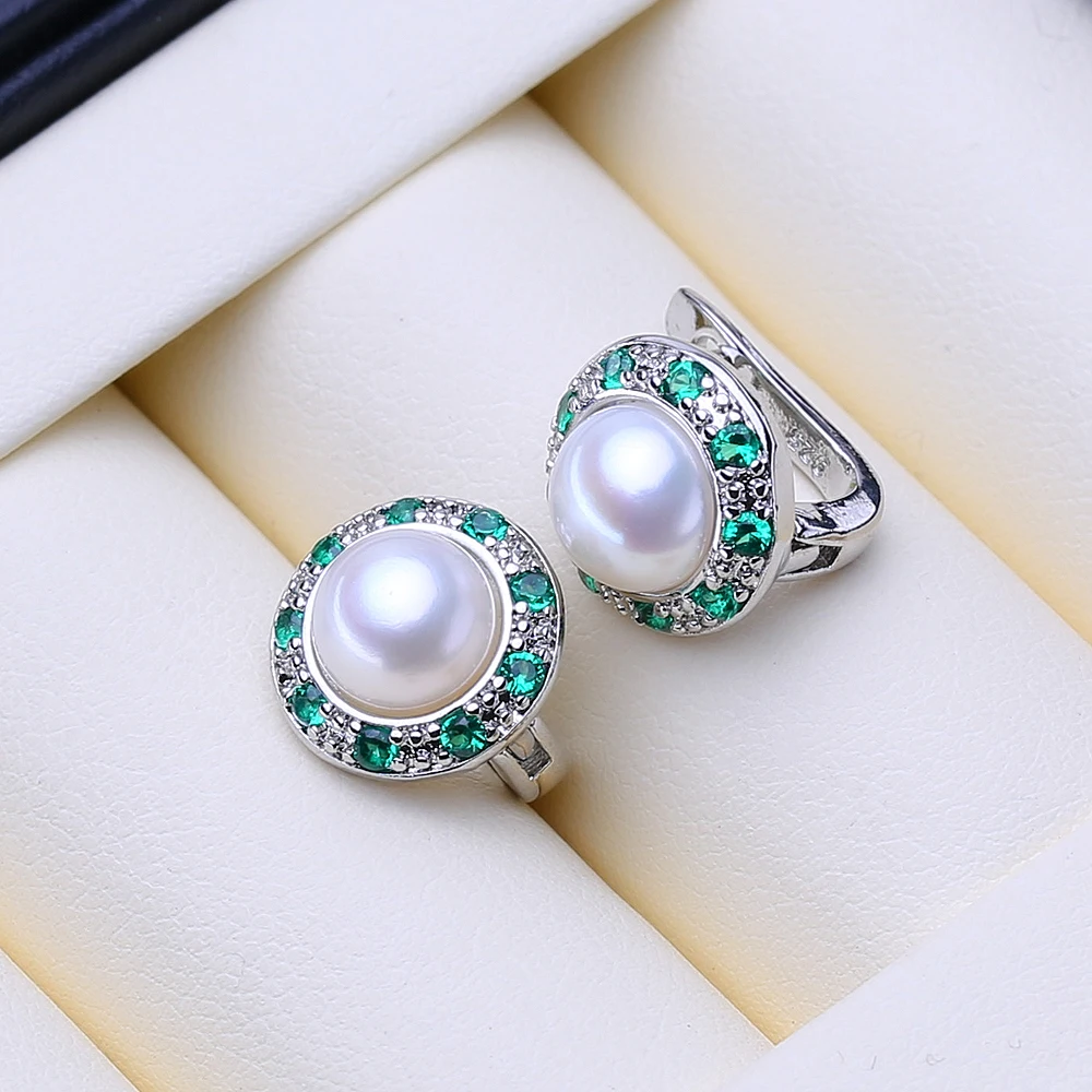 FENASY 925 Sterling Silver Natural Freshwater Pearl Earrings Green Crystal Boho Stud Earrings For Women Emerald Wedding  Jewelry