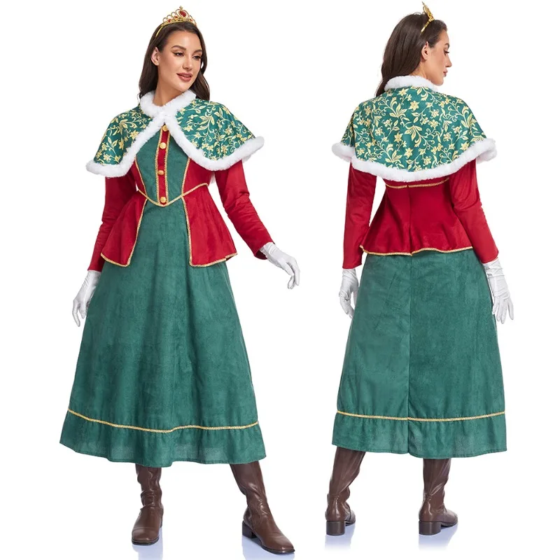 

Medieval Court Vintage Cosplay Costume Elegant Queen Dress Shawl Crown Gloves Set Carnival Party Role Playing Outfit for Women