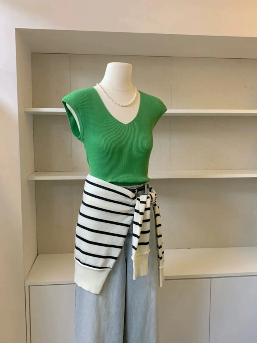 

Ci Chai Qi Ice Silk Knitted Svel Top Women's Summer New Ele Slimming oulder T-irt V-Ne ort Sve Regula...