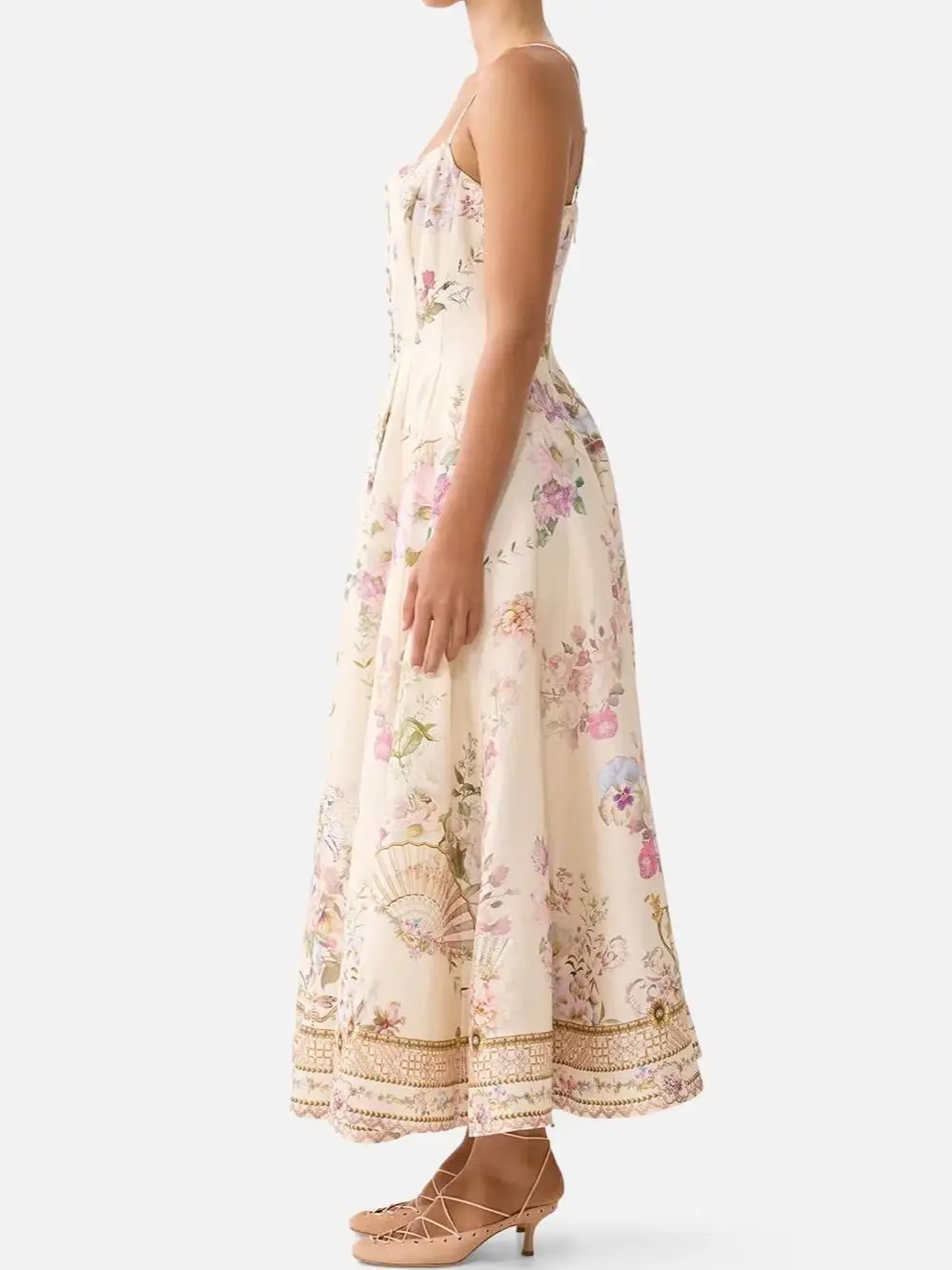 Summer Ladies Flower Print Sling Dress Square Collar High Waist Sleeveless Single Breasted Crystal Beaded Elegant Robe