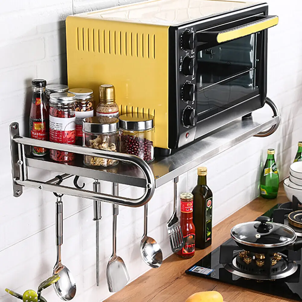 

Microwave Oven Rack Wall-Mounted Kitchen Shelf Stainless Steel Storage Rack Organizer with 6 Hooks Space Saving