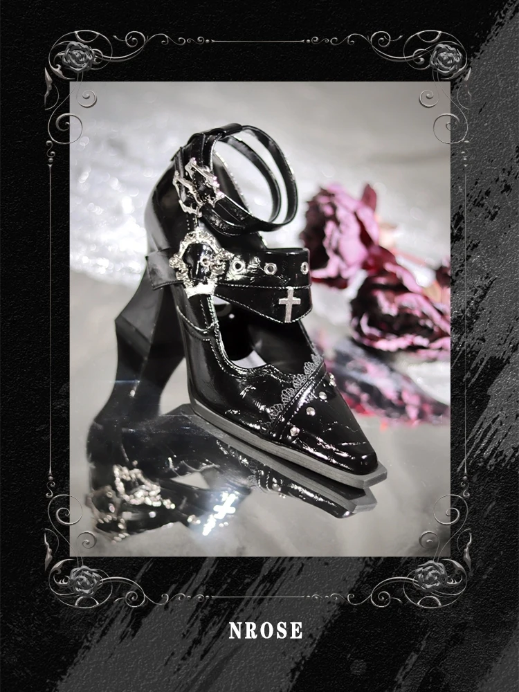 البجعة السوداء لامعة براءات الاختراع والجلود لوليتا أحذية النساء السود العروس حفل زفاف ماري جينس مضخات الكاحل حزام كتلة الكعوب الكوبية #3