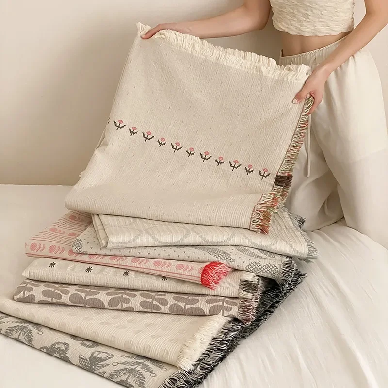 Japanese Style Linen Cotton Jacquard Throw Blanket All-Season Couch Bed Cover Decorative Fringed