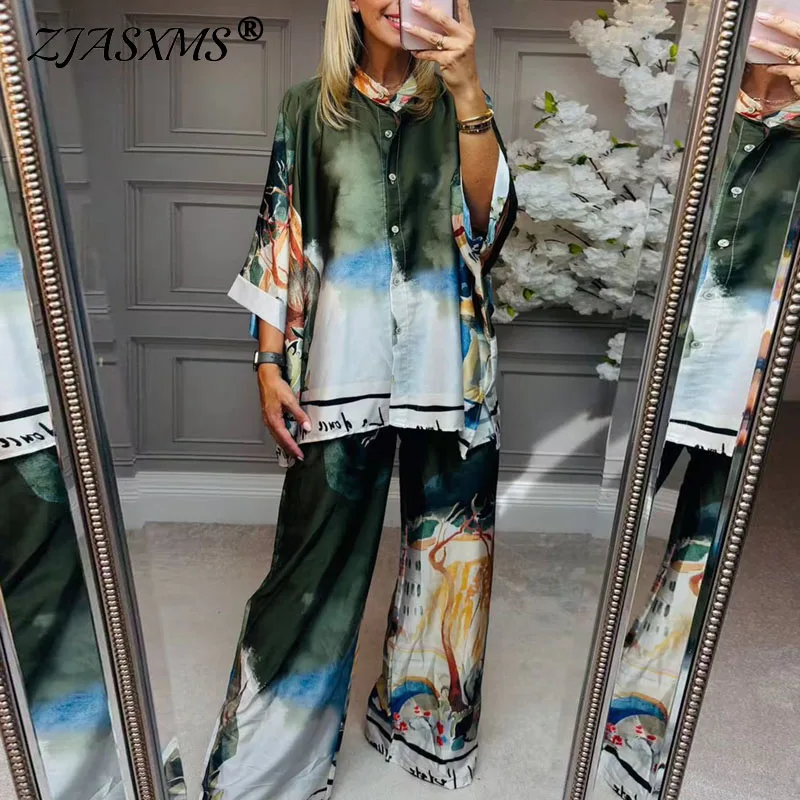 

Новые одинаковые комплекты с ретро-принтом, женские элегантные рубашки на пуговицах с лацканами + широкие брюки, костюм, осенняя свободная женская одежда с длинными рукавами