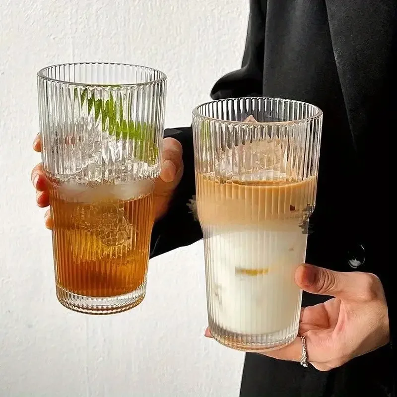 1pack 600ml Stripe Glass Cup with Lid and Straw Transparent Drinking Glasses for Juice Water and Iced Coffee Cups Mug Drinkware