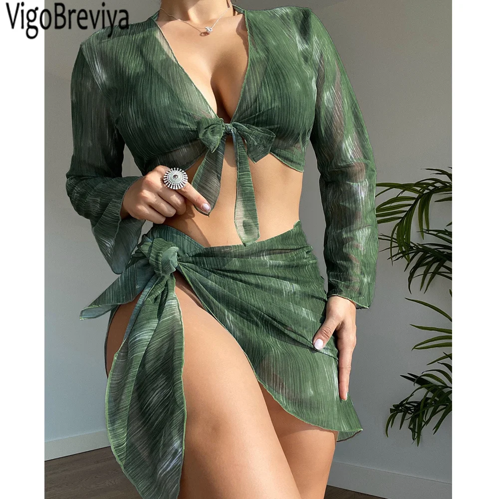 VigoBreviya Sexy Print Long SLeeve 4PCS Mesh Skirt Bikini Set Stroje kąpielowe damskie 2025 Halter Push UP Strój kąpielowy z wysokim stanem