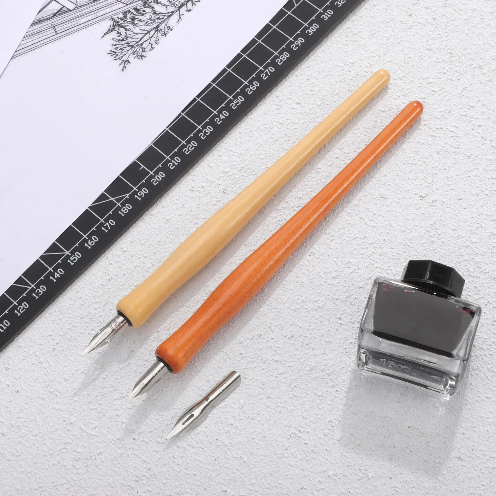 

1Set Multi Function Calligraphy Dip Pen Set Solid Wood Handle Stainless Steel Nibs Bent Tip Design Stable Grip Rod for Vintage