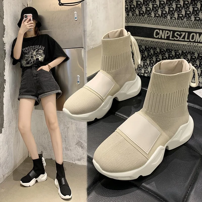 European Station Slingback Socks Shoes Women's 2021 Autumn New Breathable Platform Casual Sports Elastic Cloth Short Boots