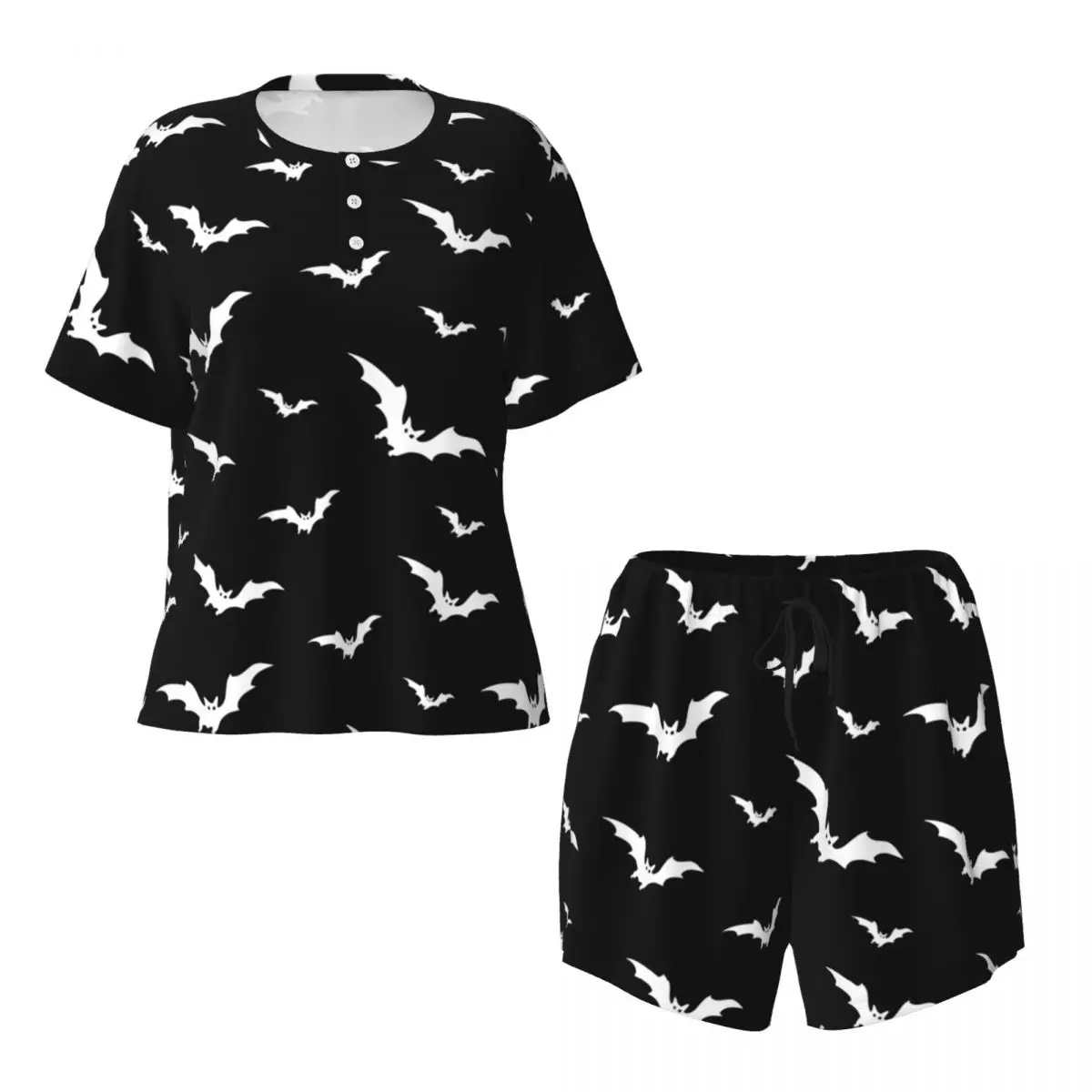 Womens Bats Halloween Goth Occult Witch Pajamas Set Custom Printed Short Sleeve Sleepwear Loungewear Pjs 2 Piece Sets