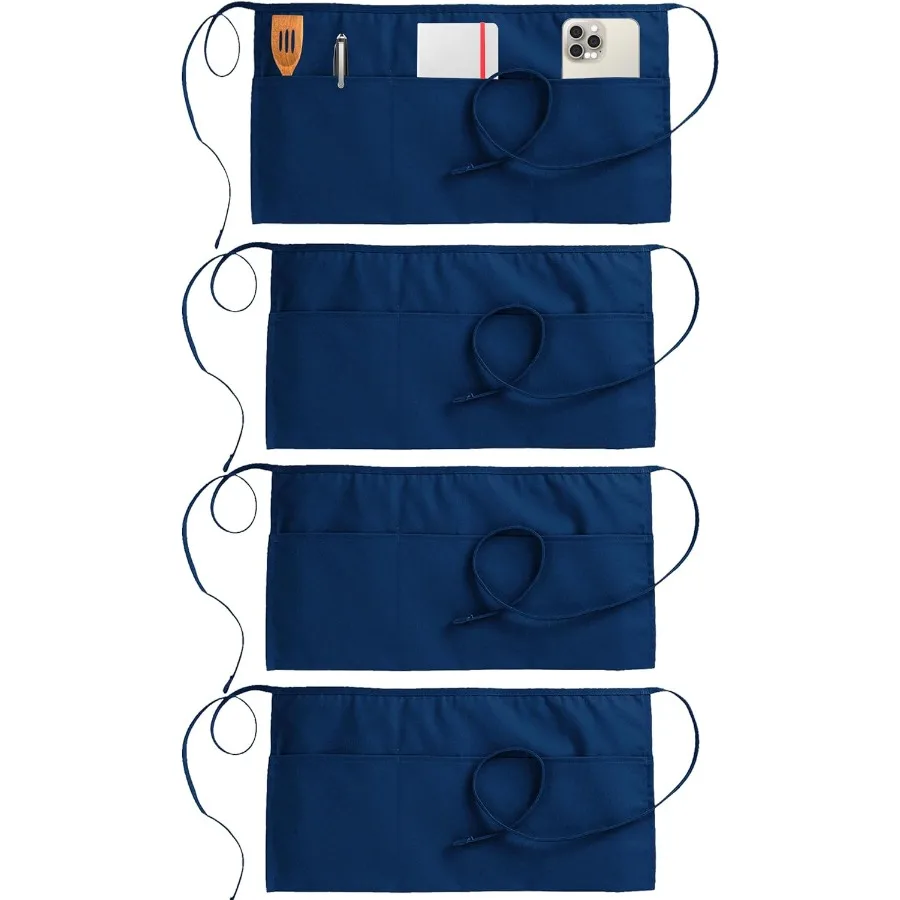 Paquete de 4 delantales de servidor con 3 bolsillos, delantal de cintura para camarero, delantal de tela de algodón duradero de 12 pulgadas de largo, ideal para restaurante