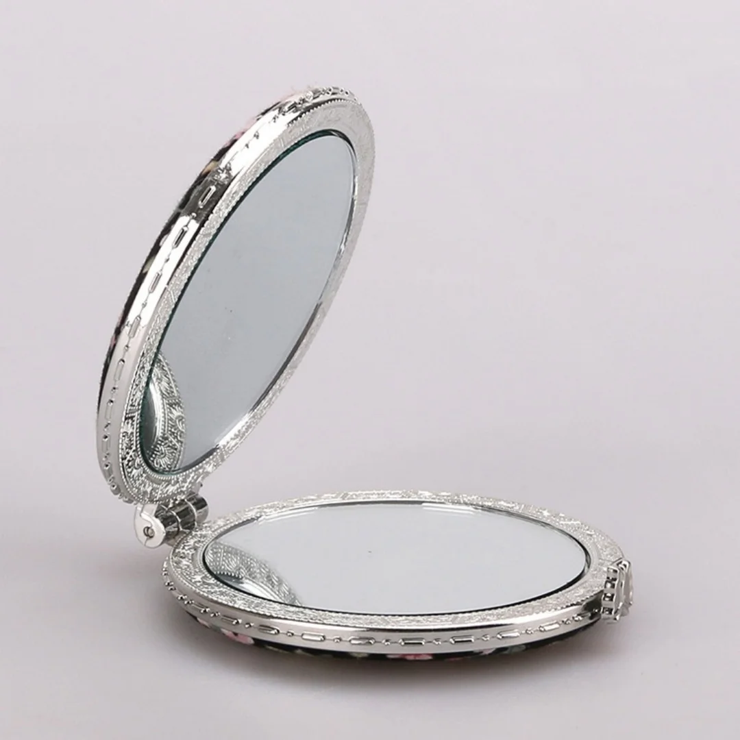 Literary retro printed double-sided folding mirror, portable mini circular makeup mirror, pastoral style travel beauty mirror