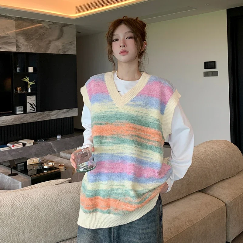 Casual Gradient V-neck Knitted Sweater Vest Women Autumn Winter New Korean Version Loose Sweater Vest Y2k Sleeveless Pullovers