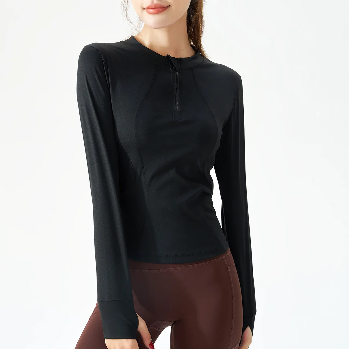 Camiseta de yoga DFCF con media cremallera, top deportivo ajustado y que realza la figura