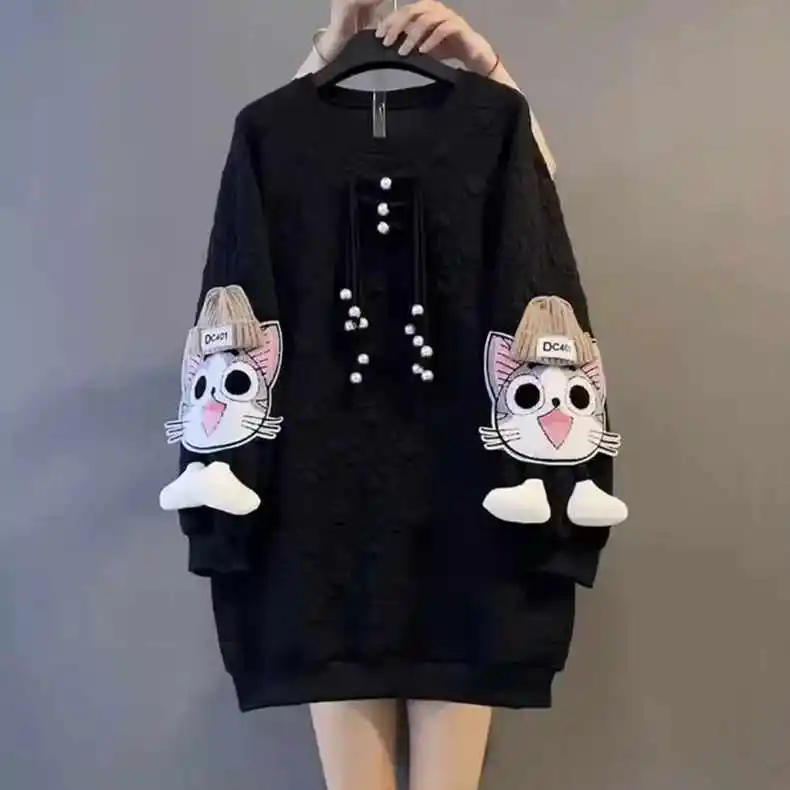 

Women Clothes 2022 New Cartoon Kawaii Long Sleeve Sweatshirts Women Patchwork Print Tassel Pullover Harajuku Hoodie warm