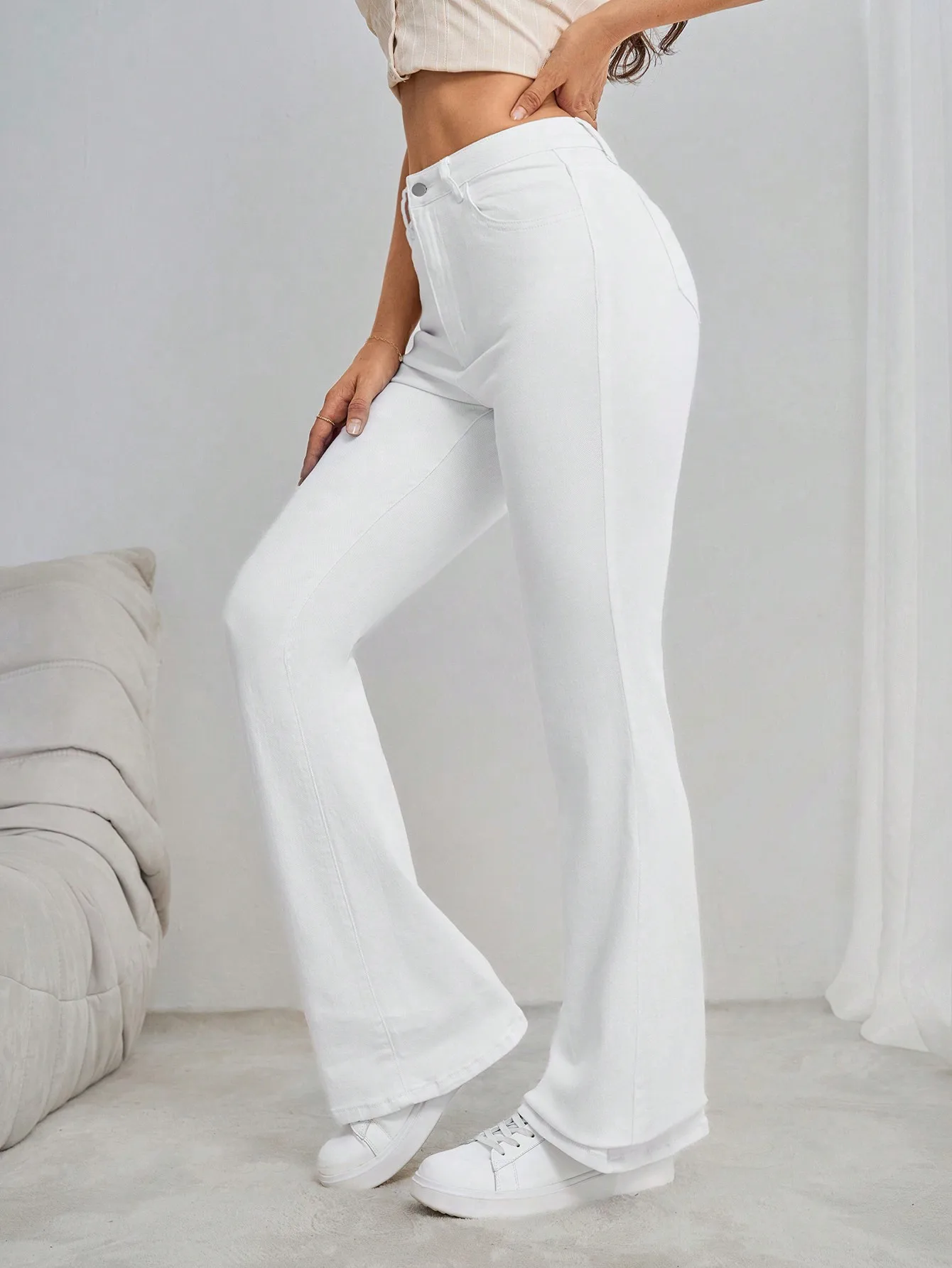 여성용 화이트 하이웨이스트 벨보텀 진, 데일리룩 캐주얼 플레어 데님 팬츠