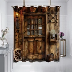 1PC Rural farmhouse shower curtain with retro wooden wheels, rustic style, waterproof, with 12 hooks, bathroom shower, home use