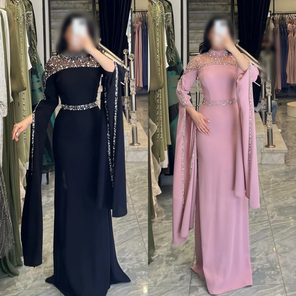 

Customized Jersey Sequined High Collar A-line Long Dresses Bespoke Occasion Exquisite Sparkle Formal Prom
