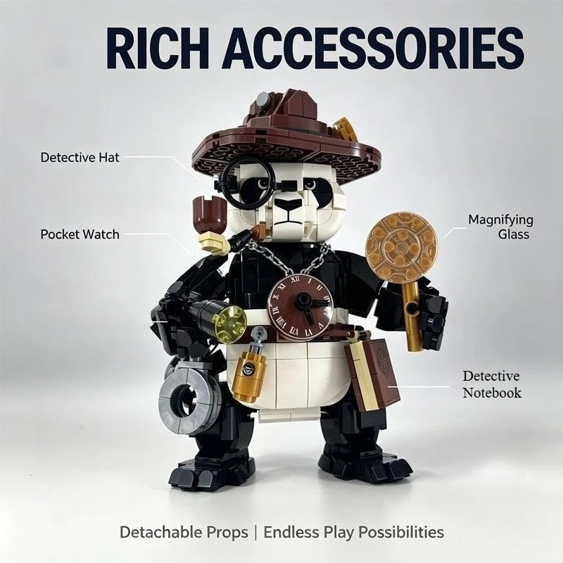 1036PCS Detective Panda Building Blocks Anime Figure Model Cute Animal Bricks Set Creative Holiday Gift Educational Assembly Toy