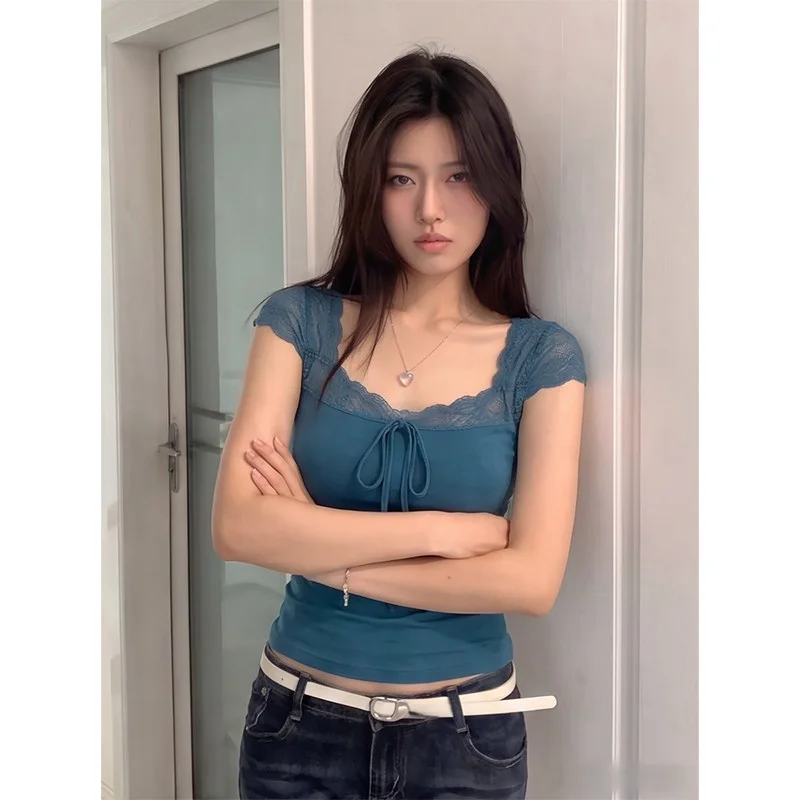 Korean Style Pure Desire Lace Square Collar Short Sleeve T-Shirt Women's Summer New Style Beautiful Temperament Versatile Cas...