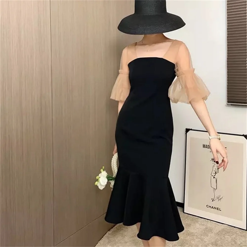 Hoepoly Long Pleat Square Neck Half Sleeve Mermaid Long Evening Dress High Slit Ankle Length Sweep Train Classy Prom Gown