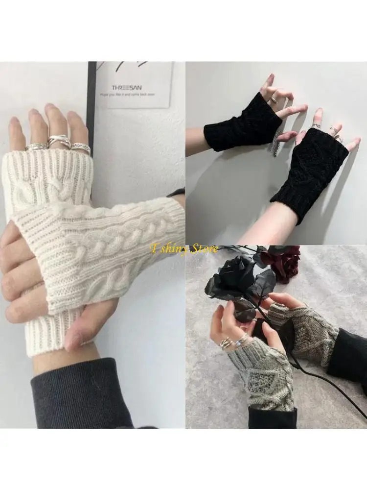 N58F Knitted Gloves for Typing Winter Glove with Thumb Hole Unisex Half Finger Mitten