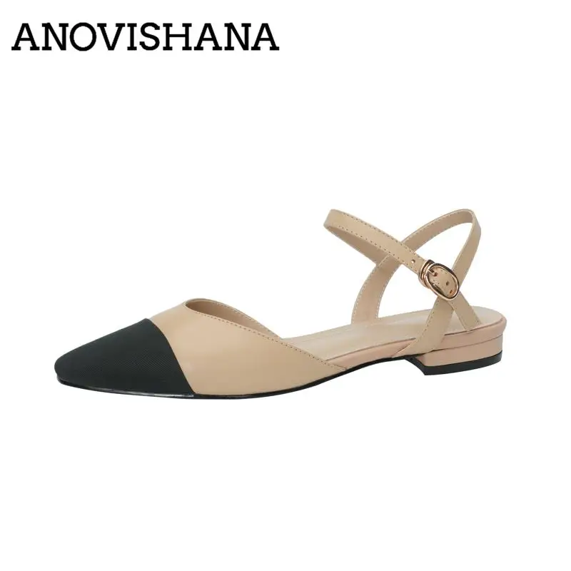 ANOVISHANA Apricot Genuine Leather Women Sandals Round Toe Buckle Strap Mixed Color Large Size 41 42 43 Soft Leisure Daily Shoes