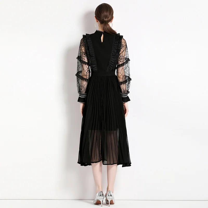 New Spring Black Lace Patchwork Mesh Embroidery Dress For Women Long Sleeve Design Runway Dresses Vestidos