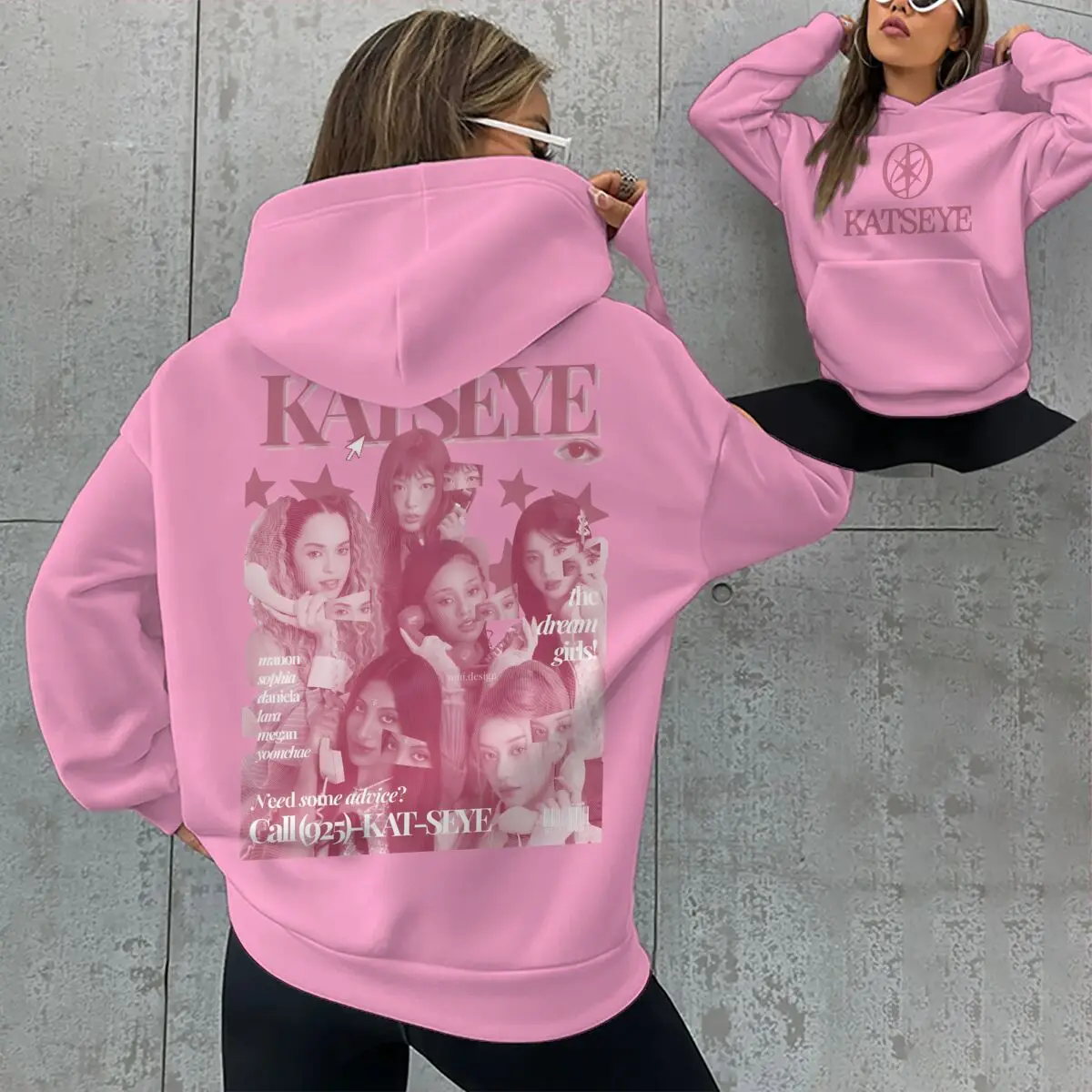 Women Pink Katseye Print Pocket Hoodies Spring Autumn Hip Hop Music Lover Gifts Pullover Vintage Katseye Unisex Gothic Hoody