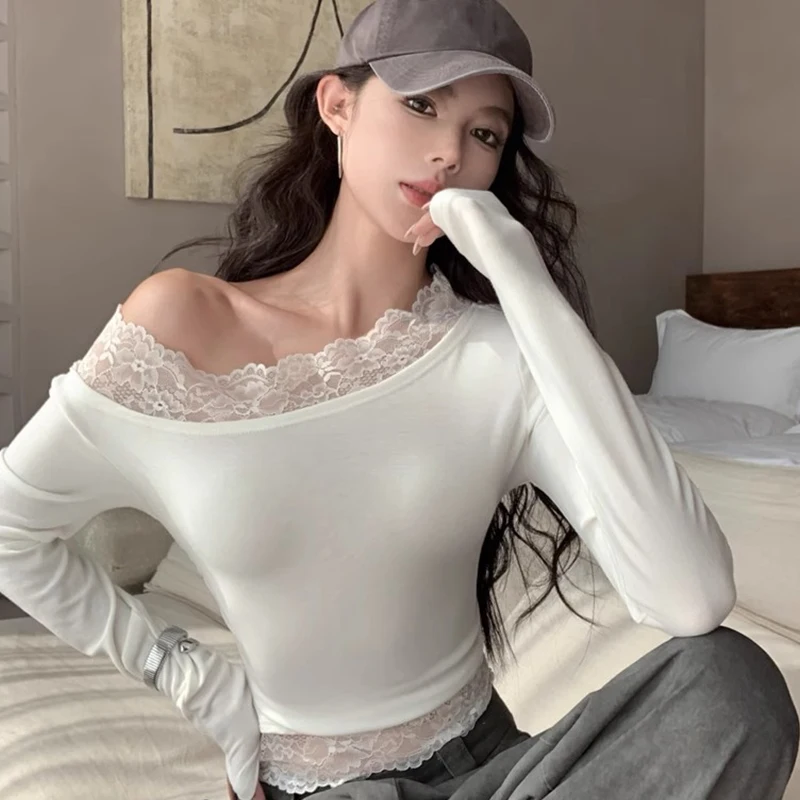 Fashion Sexy Lace Panel Off-shoulder Long Sleeve Slim T-shirt Women's Crop Top