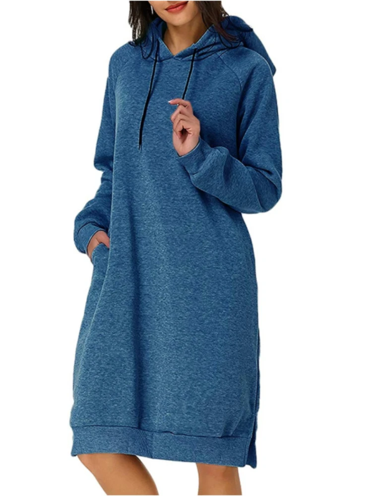 2024 Autumn and Winter Fashion New Women's Elegant Long Commuting Style Hooded Sweatshirt Plus Warm Casual Women's Dress