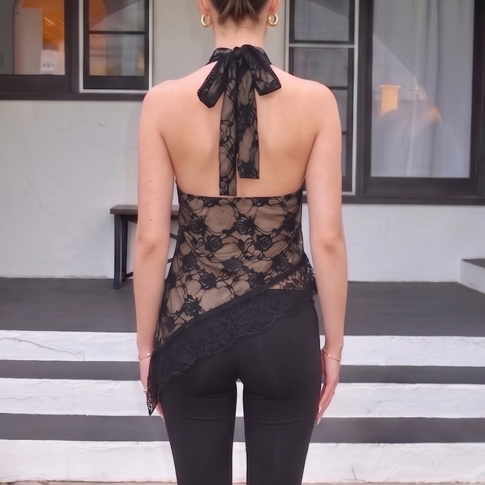 Women's Floral Halter Tops Summer Sleeveless Asymmetric Lace Overlay Hem Backless Vest for Party Night Out