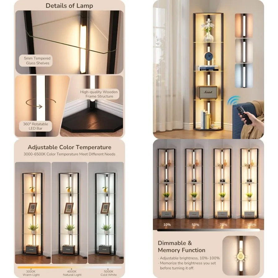 Floor Lamp with Shelves, 5-Tier Glass Display Shelf with Remote/Foot Control, 5CCT and Dimmable Corner Shelf Lamp, Open Display
