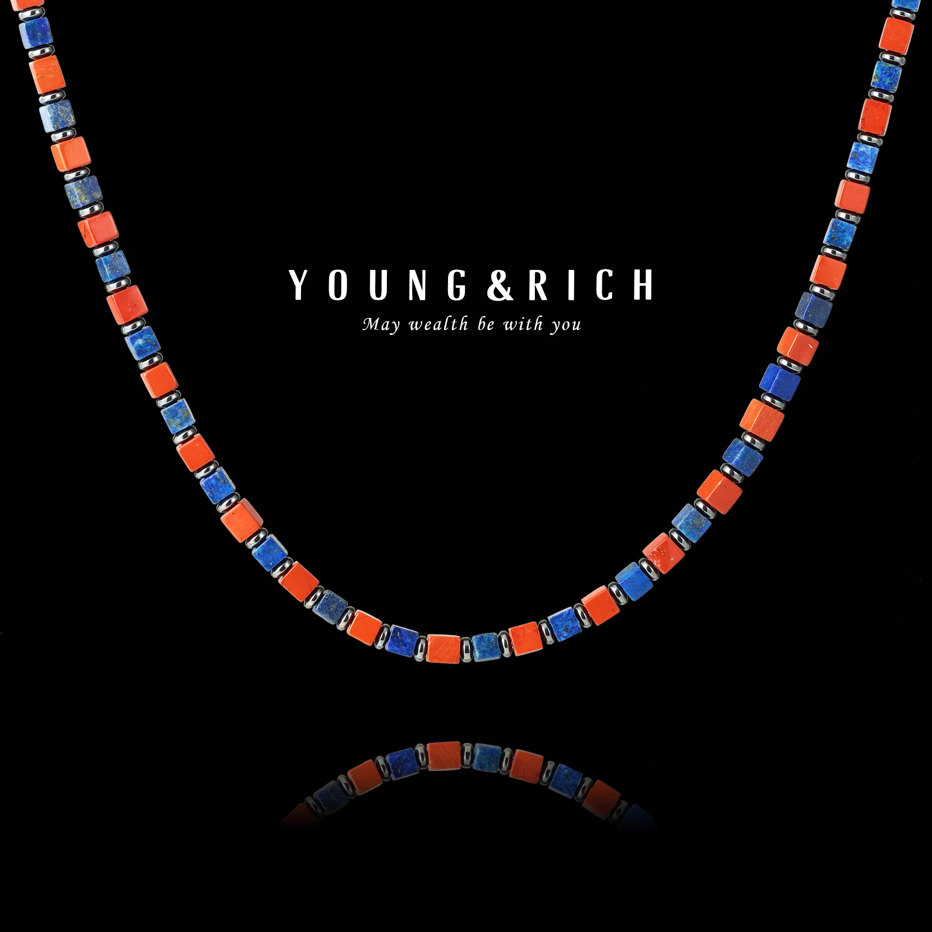 Unisex 4mm Lapis Lazuli Red Stone Square Beads Necklace Vintage Metal Spacers Color Block Fashion Jewelry for Men Women