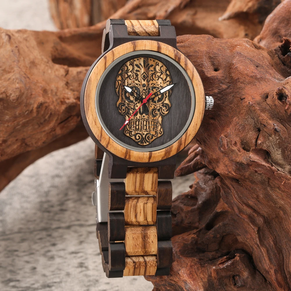 Steampunk Flower Skeleton Red Seconds Dial Men\'s Zebrawood Bangle Wristwatches Quartz Male Watch Folidng Clasp Wooden Watchband