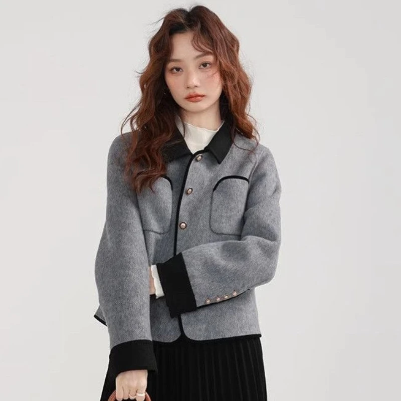 معطف نسائي عصري للخريف والشتاء كبير الحجم من مزيج الصوف قصير فضفاض مناسب كتلة الألوان تصميم دافئ مبطن بالفرو الصناعي #6