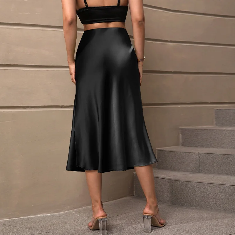 European and American satin midi skirt 2025 Autumn elegant style polyester A-line skirt