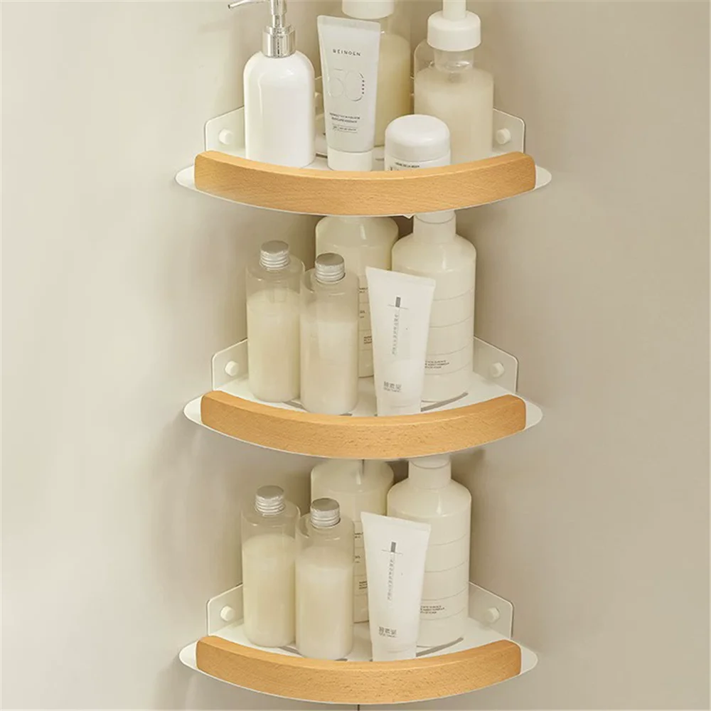 Walnut Aluminum Bathroom Storage Rack Black Bathroom Shelf Wall-Mount Bath Caddy Rack Bathroom Corner Shelf Kitchen Storage Rack