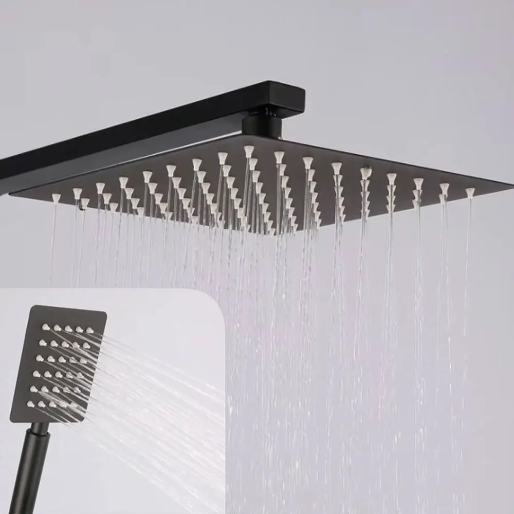 الحديثة الأسود مربع الأمطار الحمام دش مجموعة نظام صنبور حوض الاستحمام خلاط 304 حمام من الفولاذ المقاوم للصدأ المطر نظام دش كامل