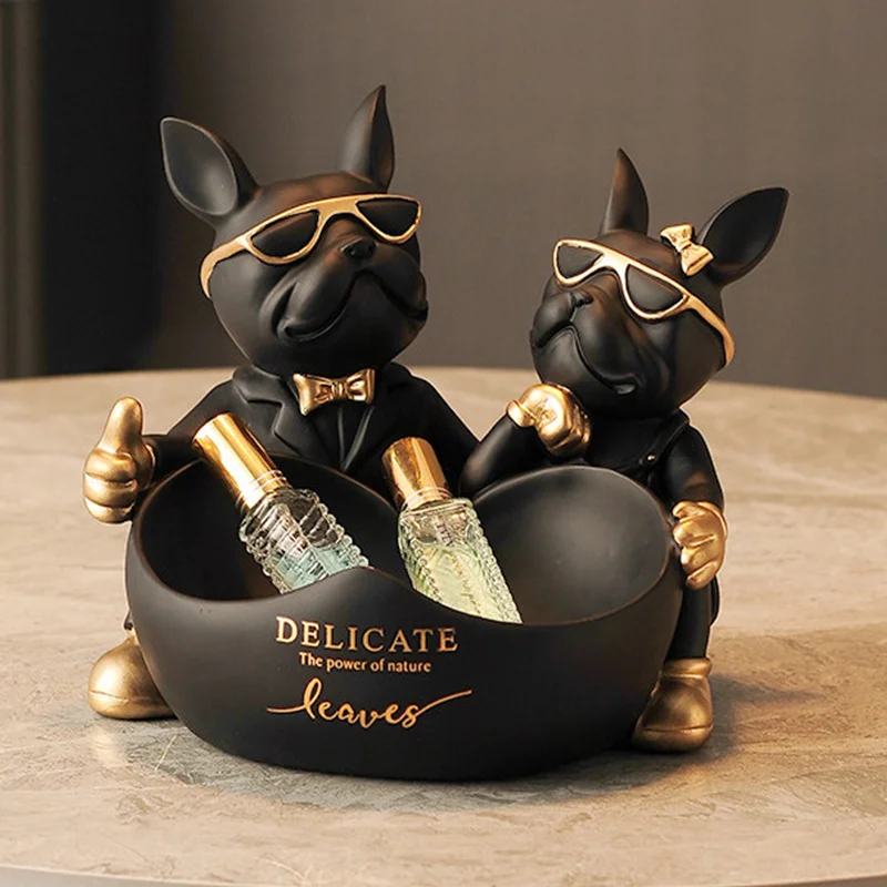

Lovers Bulldog Statue with Bowl Storage Box For Keys Jewelry French Bulldog Figurine Resin Home Décor Table Decoration Sulpture