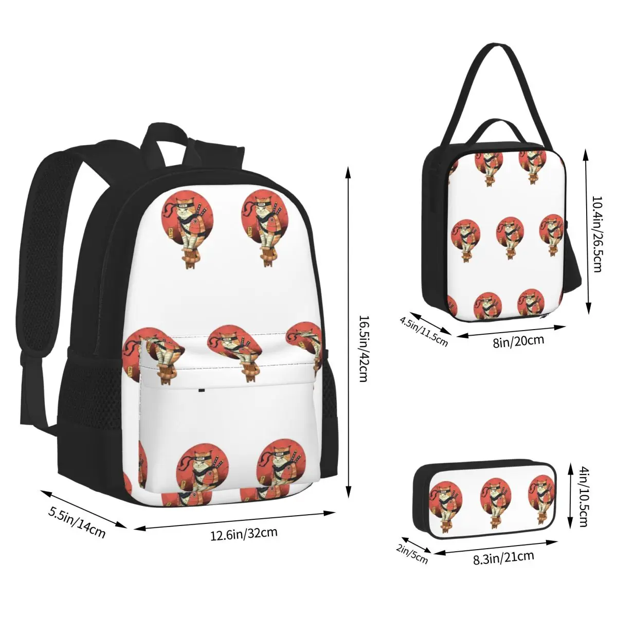 Cats Anime Samurai Sword Backpacks Boys Girls Bookbag Students School Bags Kids Rucksack Lunch Bag Pen Bag Three-Piece Set