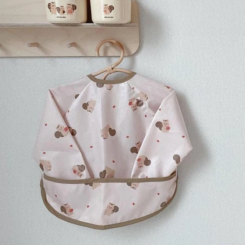 J15U الكرتون المطبوعة مريلة الطفل مقاوم للماء مع جيب الغذاء الطفل الرضع طويلة الأكمام تغذية رسم مريلة رسم الوليد سموك