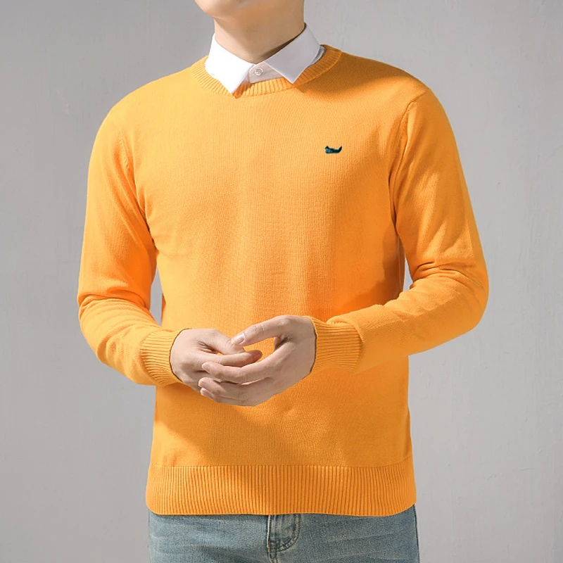 100%Cotton Men Sweater V-Neck Cold Resistant Pullovers Shirt Korean Popular Clothes Long Sleeve High-End Jumpers Knitting Tops