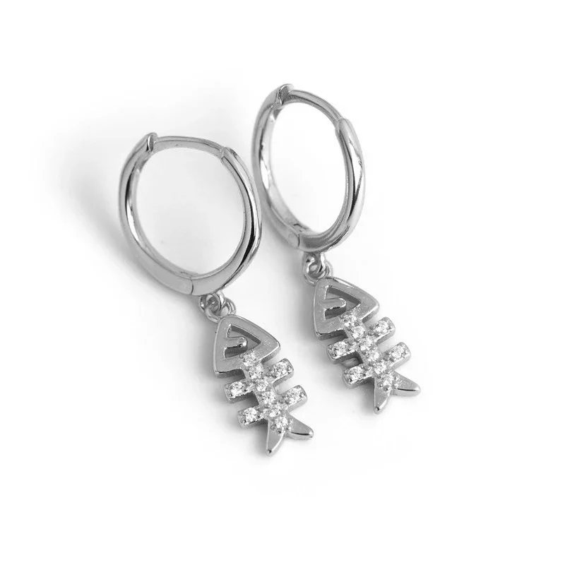 Silver Color Inlaid Zircon Fishbone Earrings for Women Personality Small Ear Buckle Korean Fashion 18K Gold Plated Jewelry image 4