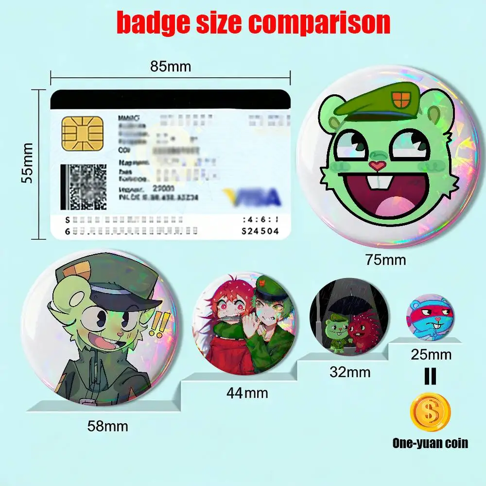 Repetitive cycle Flippy Flaky HTF Reflective Pin Tinplate Round Brooch Cartoon Cosplay Badges for Bag Hat Toys Gifts